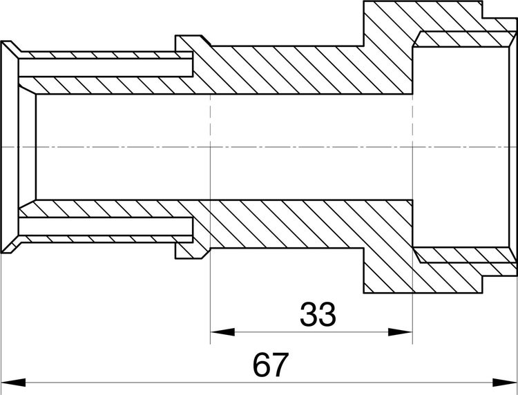 Technische Zeichnung eines Rohradapters im Querschnitt mit den Maßen 33 und 67 Millimeter.