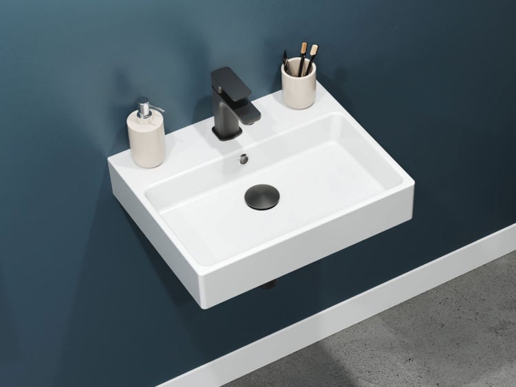 Aqua Bagno Solo Waschbecken 10.05.30.04 – 50 x 40 cm – Weiß Hochglanz – Keramikbecken mit Hahnloch & Überlauf