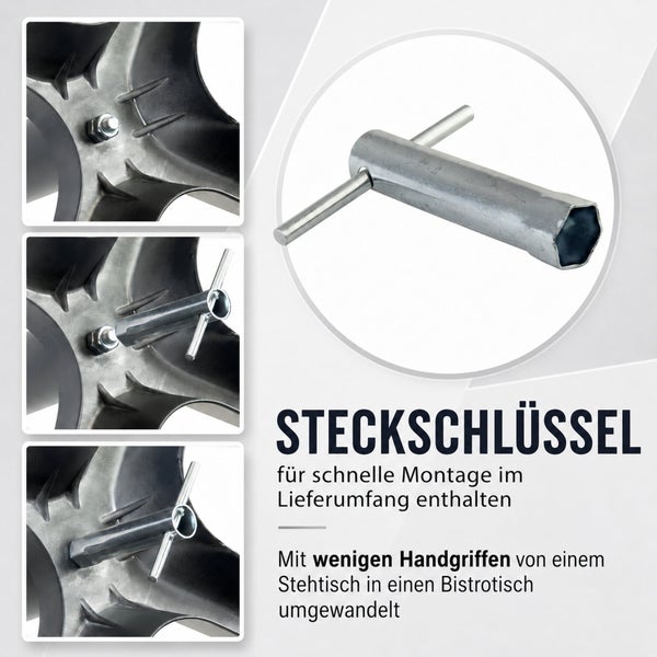 Steckschlüssel aus Metall für die Montage von Stehtischen, inklusive Anleitung zur Umwandlung in einen Bistrotisch.