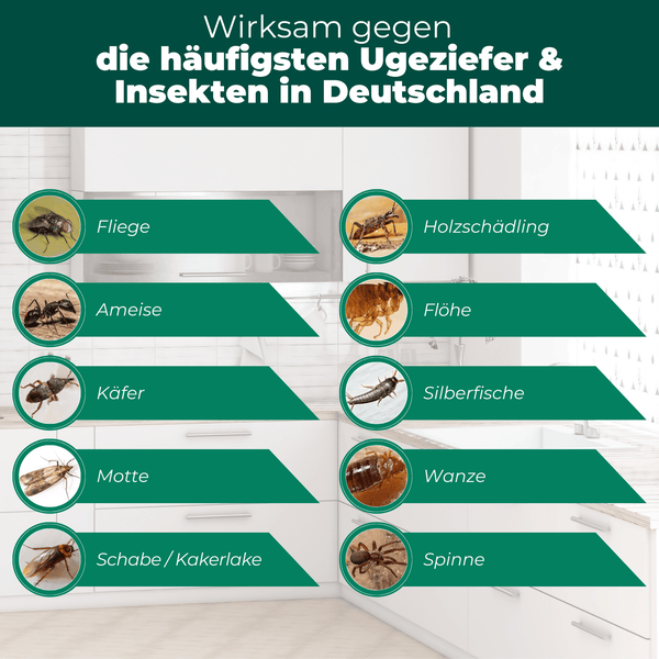 Wirksam gegen die häufigsten Schädlinge und Insekten in Deutschland: Fliege, Holzschädling, Ameise, Flöhe, Käfer, Motte, Silberfische, Wanze, Schabe, Kakerlake, Spinne