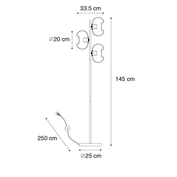 Technische Zeichnung einer Stehlampe mit den Maßen 145 cm Höhe, 33,5 cm Breite, Lampenschirmdurchmesser 20 cm, Fußdurchmesser 25 cm und Kabellänge 250 cm.
