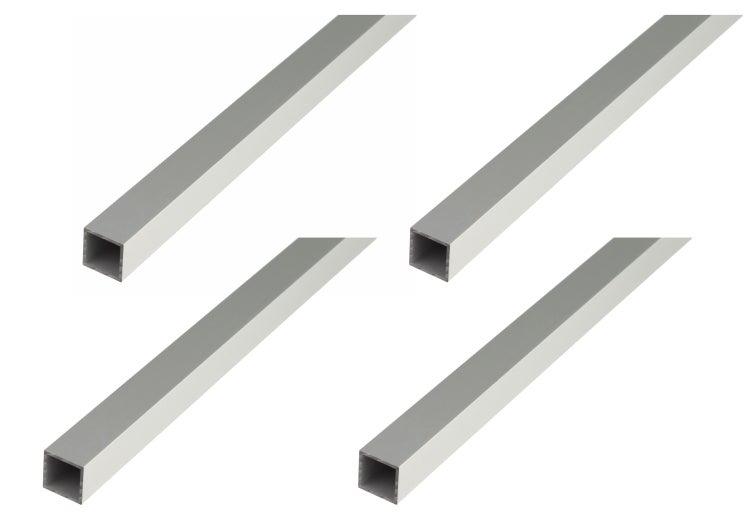 Vier Aluminium Vierkantrohre für den konstruktiven Einsatz