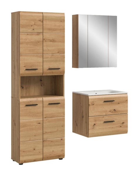 Badezimmermöbel-Set in Holzoptik bestehend aus Waschbeckenunterschrank, Keramikwaschbecken, Spiegelschrank und Hochschrank mit schwarzen Griffen.