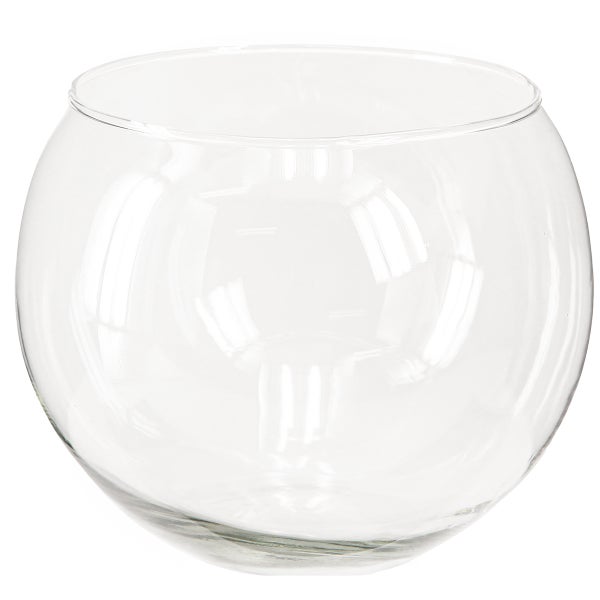 Kugelvase aus klarem Glas, runde Form, transparent.