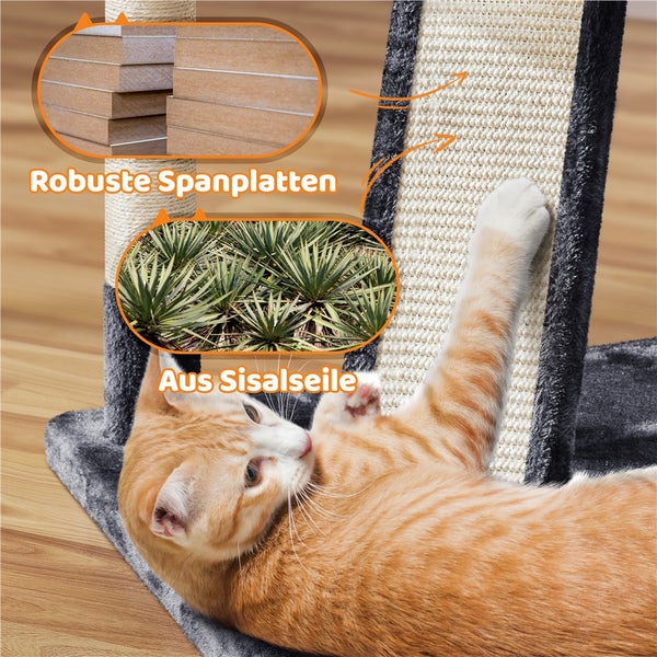 Katze auf Kratzbaum mit Sisal, robusten Spanplatten und Plüschbezug