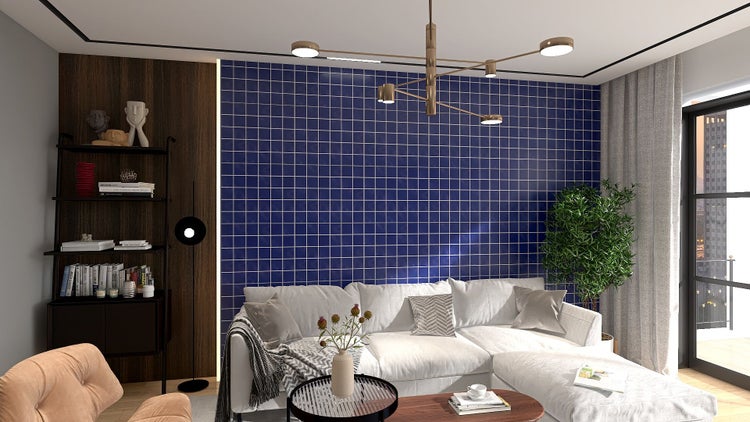 Wohnzimmer mit Sofa, Regal und blauer Wandfliese