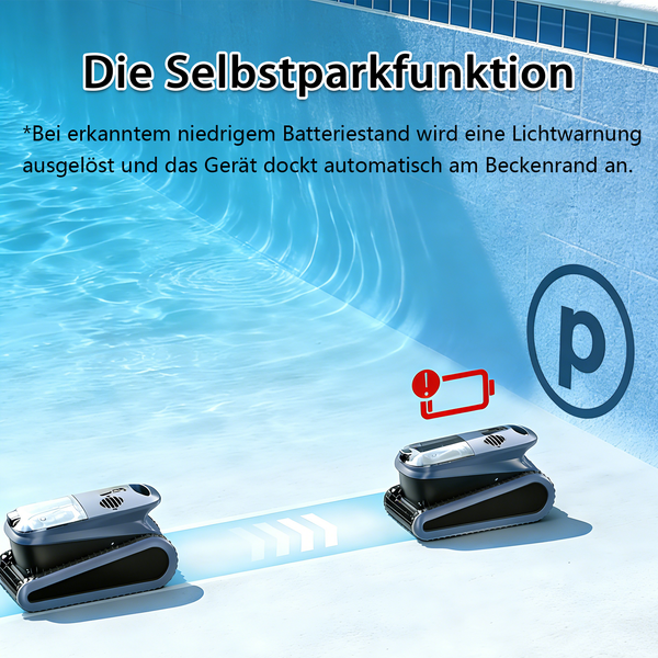 Poolroboter am Beckenboden, der bei niedrigem Batteriestand durch die Selbstparkfunktion automatisch zum Beckenrand fährt und dort andockt.
