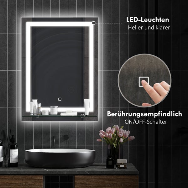 Wandspiegel im Badezimmer mit LED-Beleuchtung, Touch-Sensor und Glasablage, montiert über einem Waschbecken auf einem Unterschrank aus Holz.