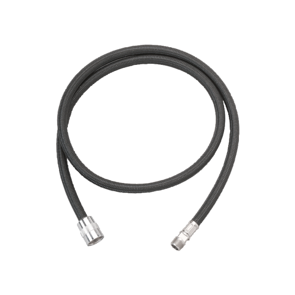 Flexibler dunkelgrauer Anschlussschlauch mit Textilgeflecht und Metallverschraubungen.
