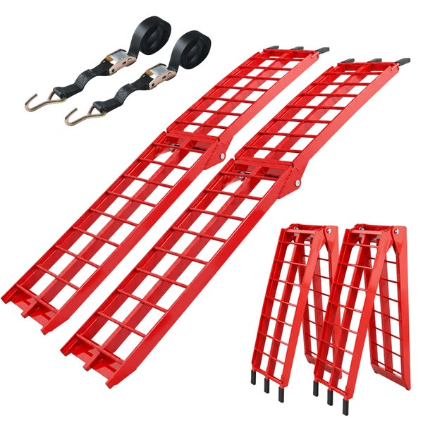 Set aus zwei klappbaren Auffahrrampen aus Metall in Rot inklusive zwei Spanngurten mit Haken.
