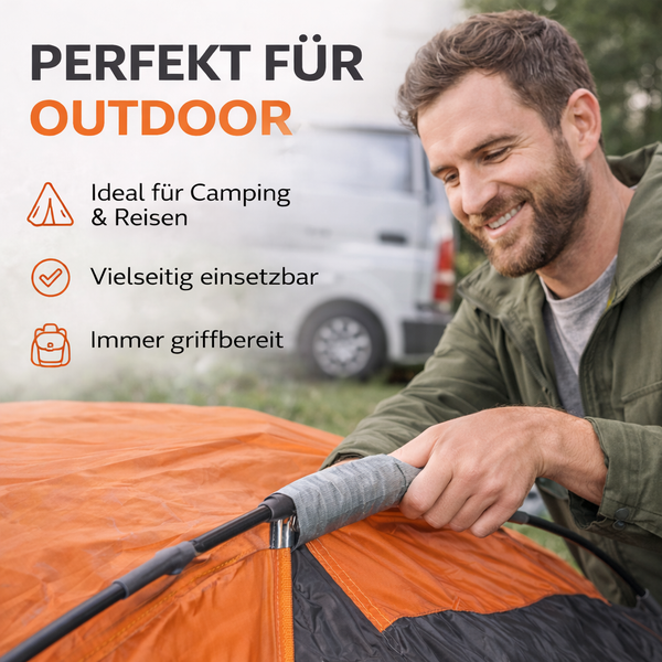 Ein Mann repariert ein orangefarbenes Zelt mit grauem Reparaturband beim Camping. Text beschreibt Eignung für Outdoor, Camping und Reisen.