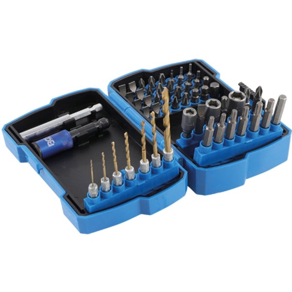 Bohrerset und Bitset in geöffnetem, blauem Koffer