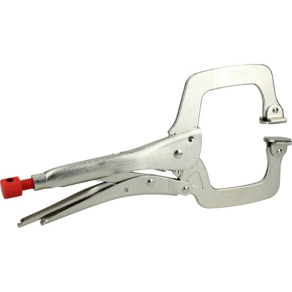 Feststellzwinge aus Metall mit roter Stellschraube