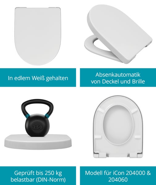 WC Sitz mit Absenkautomatik und hoher Belastbarkeit für Geberit iCon WCs, Modell 204000 und 204060, belastbar bis 250 Kilogramm nach DIN Norm.