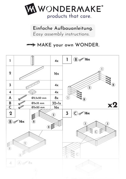Montageanleitung für ein Produkt von Wondermake mit den notwendigen Schritten und Teilen.