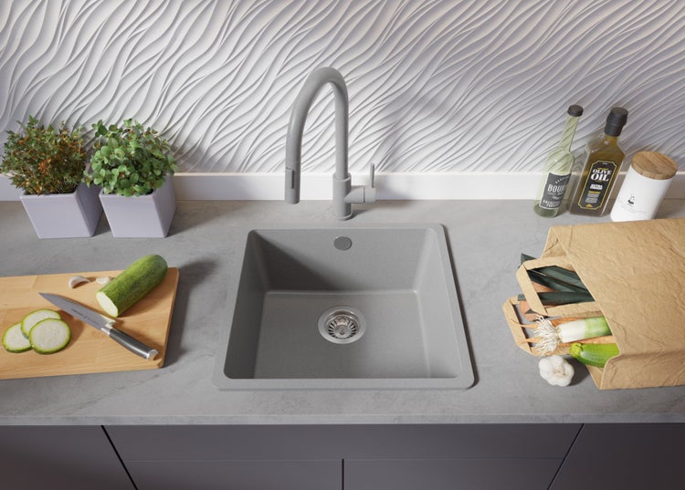 PRIMAGRAN Spülbecken Grau 46x44cm, Granitspüle 1 Becken + Ablauf-Set, Küchenspüle ab 50er Unterschrank - Venedig Slim Easy
