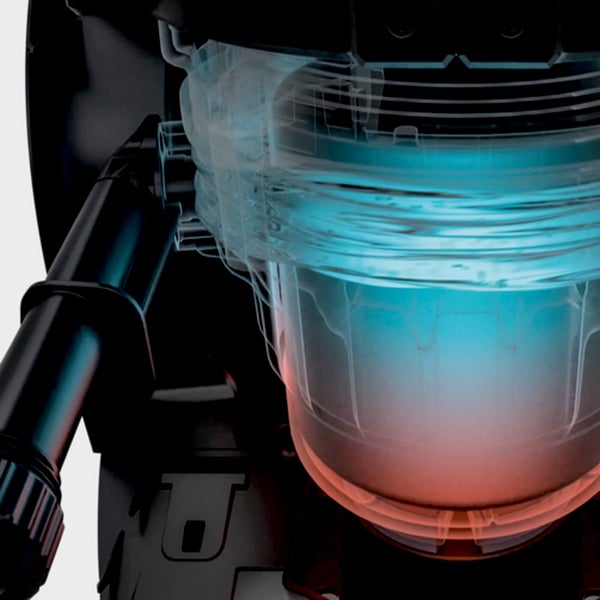 Visualisierung der Zyklon-Technologie und des Luftstroms im Staubbehälter eines Staubsaugers.