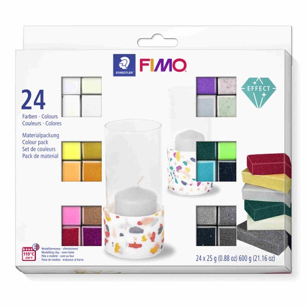 Staedtler Fimo Effect Modelliermasse-Set, 24 Farben, 600 Gramm. Ofenhärtend bei 110 Grad Celsius. Staedtler Logo und Fimo Logo.