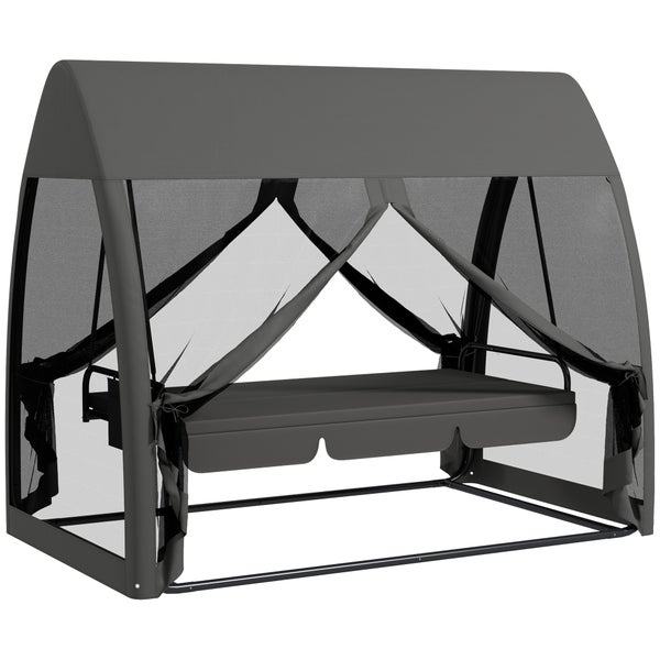 Outsunny 2 in 1 Hollywoodschaukel mit Liegefunktion 3-Sitzer Gartenschaukel mit Baldachin, Mückennetz, Schaukelbank belast bis 300kg, Gartenliege für Garten, Terrasse, 240 x 140 x 197 cm, Grau