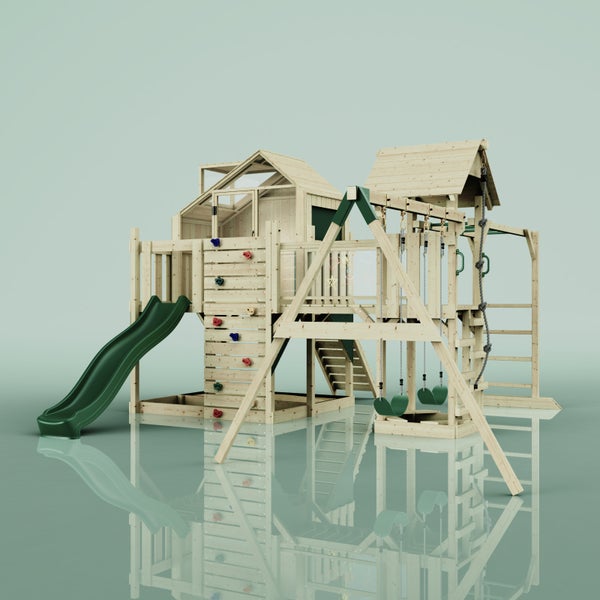 Holzspielplatz mit Rutsche, Schaukeln und Kletterwand für den Garten