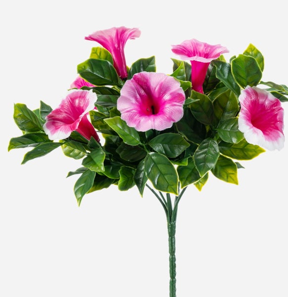 Künstliche Dahlie mit großer violetter Blüte und grünen Blättern am Stiel.