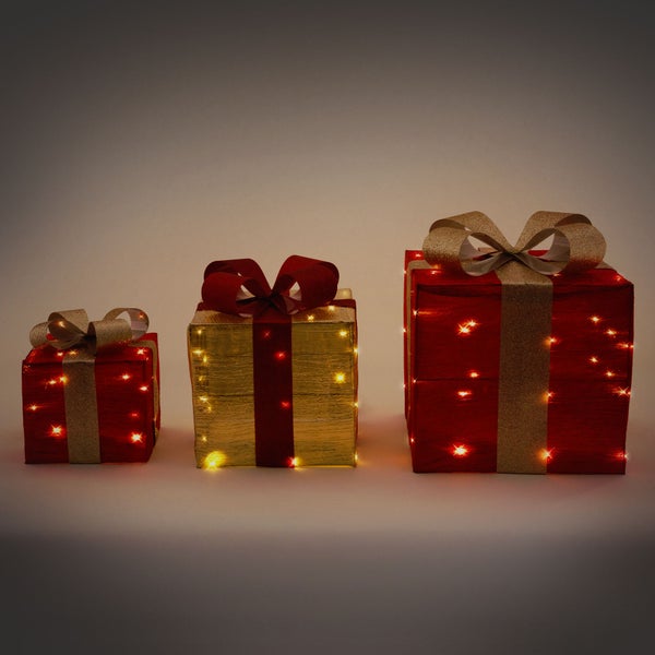 ECD Germany 3er Set LED Geschenkboxen mit 90 warmweißen LEDs, Rot-Gold, Drahtgestell, Weihnachtsdeko Innen, Beleuchtete Geschenkbox batteriebetrieben mit Timer, Weihnachtsdeko Weihnachtsgeschenkbox