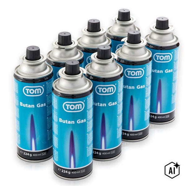 Set aus acht Tom Butangas Kartuschen, je 224 Gramm oder 400 Milliliter Inhalt für Gasbrenner und Gaskocher.