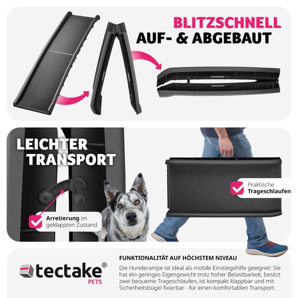 Hunderampe tectake Paw Step 155 x 40 x 14 cm klappbar und rutschfest schwarz