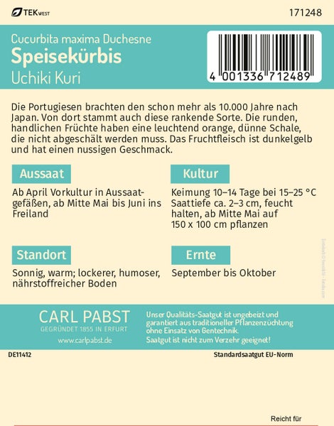 Rückseite einer Samentüte für Speisekürbis Uchiki Kuri mit Carl Pabst Logo und Informationen zu Aussaat, Kultur, Standort und Ernte.