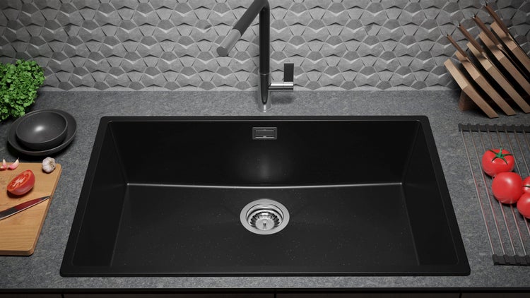 PRIMAGRAN Granitspüle Schwarz Metallic 76x47cm, Spülbecken 1 Becken + Küchenarmatur 32x20cm + Ablauf-Set, Küchenspüle ab 80er Unterschrank - London Slim