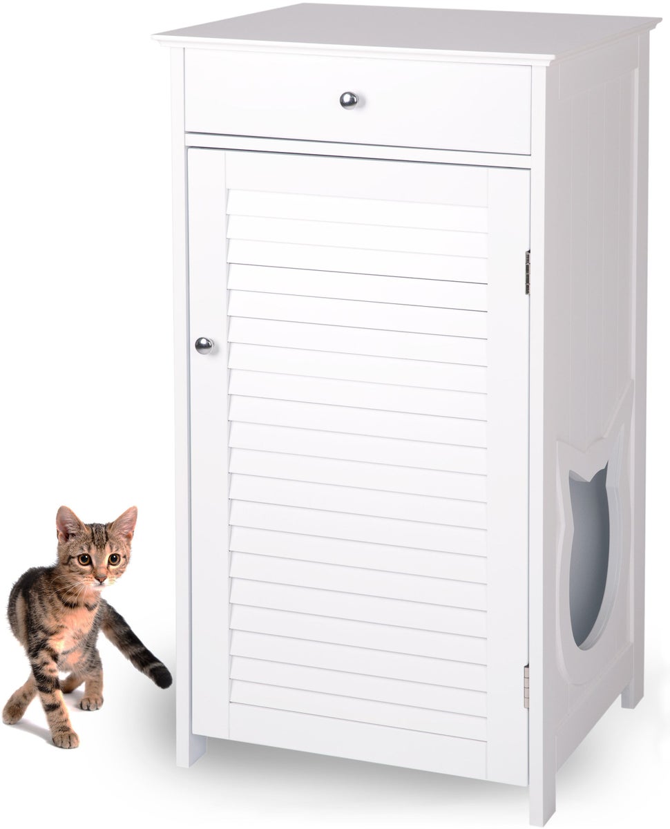 WONDERMAKE - Katzenschrank für Katzentoilette groß hoch aus Holz, Katzenklo-Schrank Kommode mit Schublade und Tür geschlossen, Design Katzen-Haus Toilette Klo XL, weiß