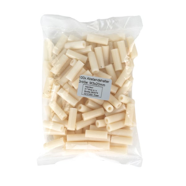 Kunststoff Abstandshalter M3x20 mm, 100 Stück in Kunststoffbeutel verpackt.