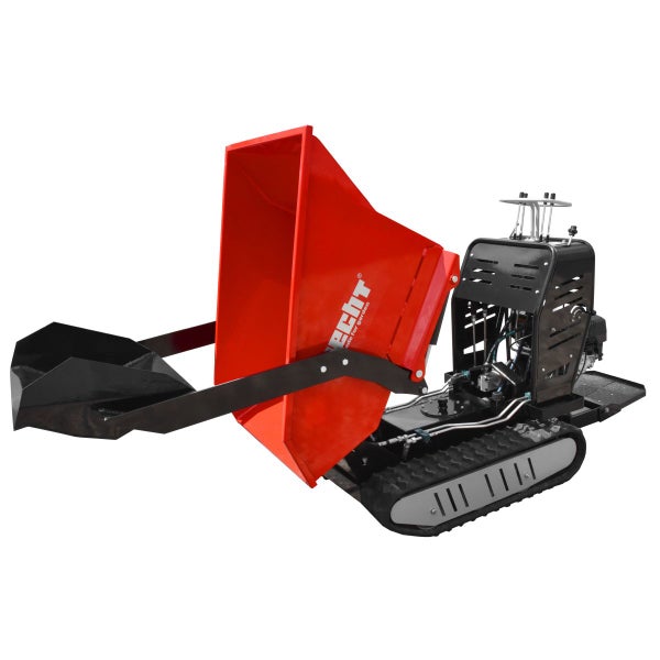 Hecht Motordumper mit Kettenantrieb, roter kippbarer Mulde und schwarzer Frontschaufel für Schüttgut.