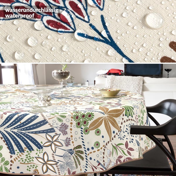 Runde Tischdecke mit Blumenmuster, wasserundurchlässige Oberfläche mit Wassertropfen im Wohnzimmer.