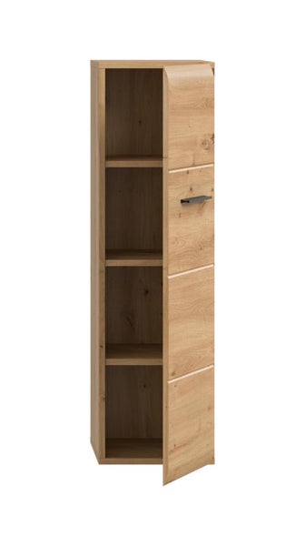 Hochschrank für das Badezimmer in Eichenoptik mit einer Tür und vier Regalfächern.