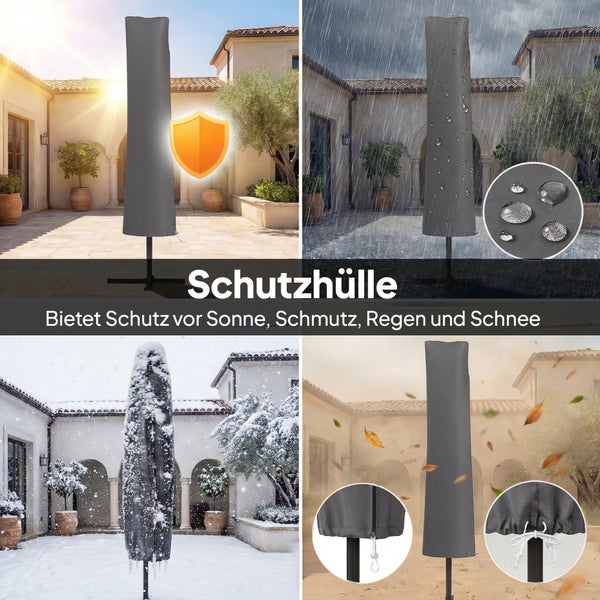Schutzhülle für Sonnenschirme bei Sonne, Regen, Schnee und Wind mit Detailaufnahmen von Material und Kordelzug zur Befestigung.