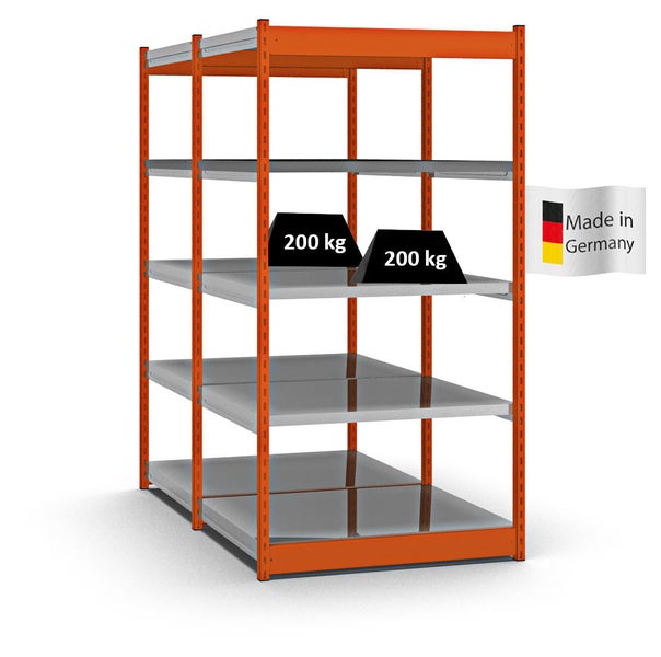 PROREGAL Fachbodenregal Stecksystem Vierkant-Profil Grundregal HxBxT 200 x 102,5 x 80 cm 2x5 Ebenen Doppelseitige Bauart Fachlast 200 kg Orange