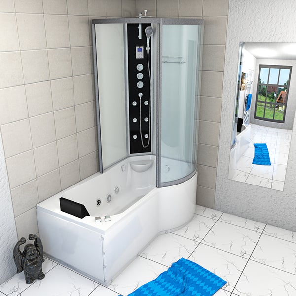 Kombinations-Dampfdusche und Whirlpool-Badewanne mit Glaswänden, Massagedüsen und Duschpaneel in einem hellen Badezimmer.