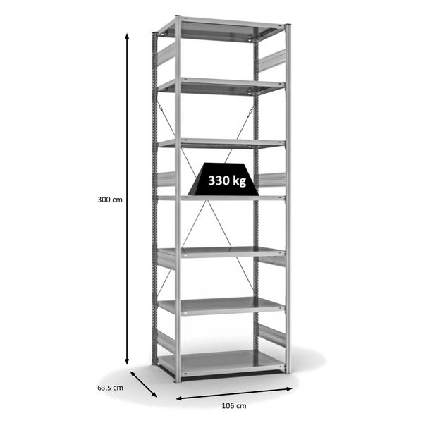 PROREGAL Fachbodenregal Stecksystem T-Profil Heavy-Duty Grundregal HxBxT 300 x 100 x 60 cm 7 Ebenen Fachlast 330 kg Einseitig Nutzbar Verzinkt
