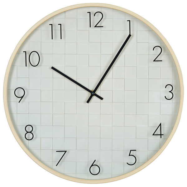 Runde Wanduhr mit Holzrahmen und Zifferblatt mit Kachelmuster