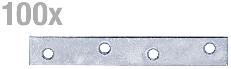 Set von einhundert geraden Lochplatten aus Metall mit vier Bohrlöchern für Holzverbindungen
