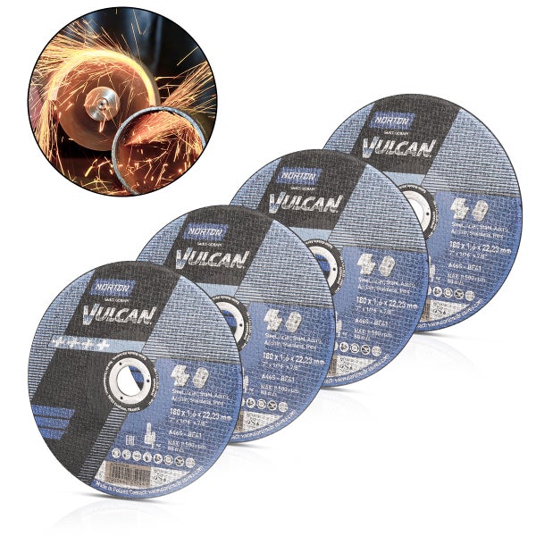 Norton Vulcan Trennscheiben für Stahl und Edelstahl, 180 mal 1,6 mal 22,23 Millimeter, Sicherheitssymbole und Detailbild beim Metallschneiden.