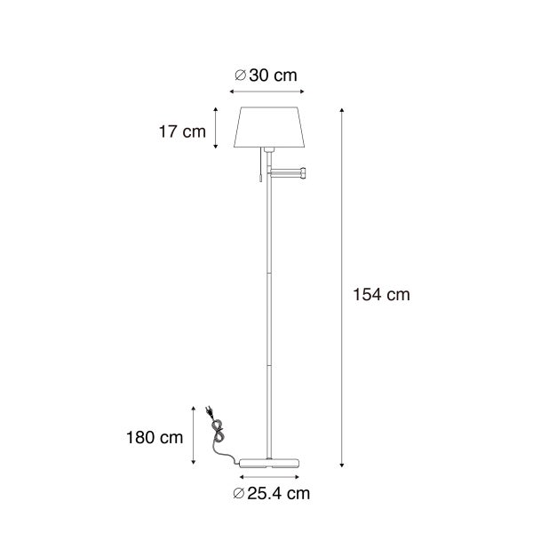 Maße einer Stehlampe: Gesamthöhe 154 cm, Lampenschirmdurchmesser 30 cm, Lampenschirmhöhe 17 cm, Fußdurchmesser 25,4 cm, Kabellänge 180 cm.