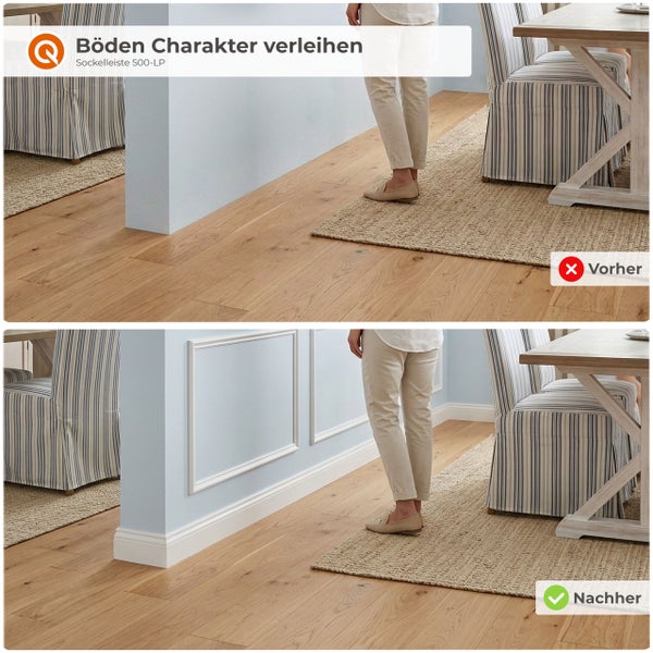 Vorher-Nachher-Vergleich einer Raumsituation mit und ohne Sockelleiste 500-LP an einer Wand mit Holzboden und gestreiften Esszimmerstühlen.