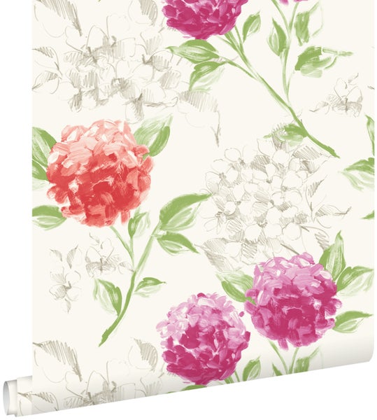 ESTAhome Tapete Hortensien Rosa und Orange - 53 cm x 10.05 m - 128019