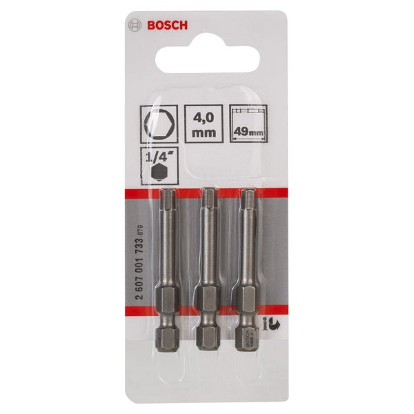 Bosch Logo. Packung mit drei 4 Millimeter Innensechskant-Bits mit einer Viertel Zoll Aufnahme und einer Länge von 49 Millimeter.