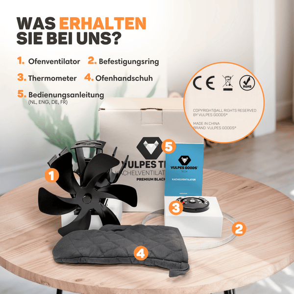 Vulpes Goods Kaminventilator - Für den Holzofen - Hängender Wärmeventilator - Stromunabhängig - 6 Blätter - Mit Thermometer