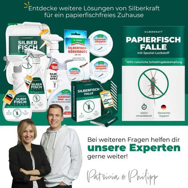 Silberkraft Produkte zur Bekämpfung von Papierfischchen, darunter Fallen, Köderdosen und Sprays, präsentiert von Patricia und Philipp