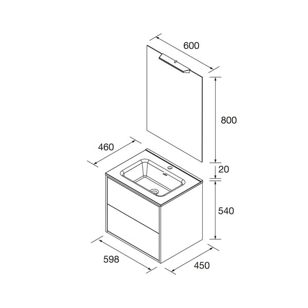 Technische Zeichnung eines Badmöbel-Sets bestehend aus Waschtischunterschrank, Waschbecken und Spiegel mit Maßangaben in Millimetern.
