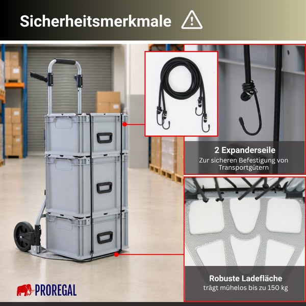 Sackkarre mit Sicherheitsmerkmalen: Boxen, Expanderseile und Ladefläche mit 150 Kilogramm Tragkraft. PROREGAL Logo.